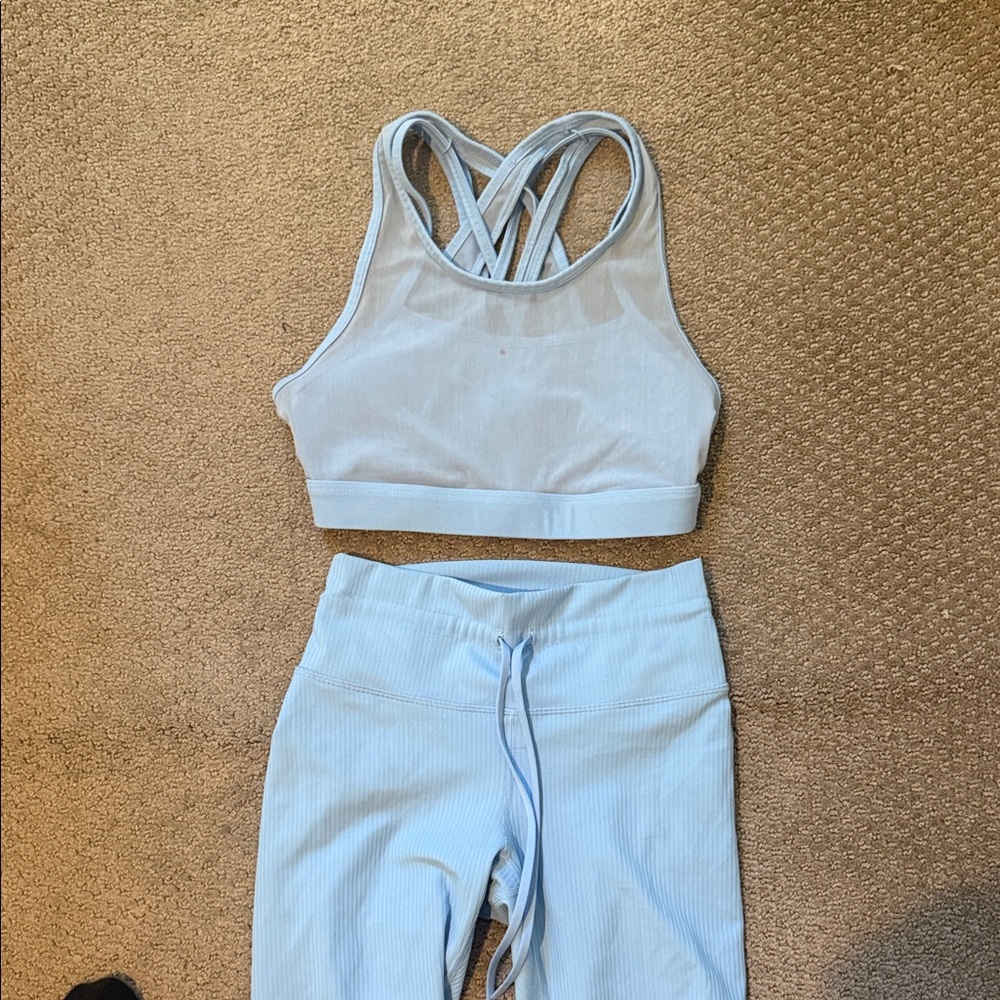 Fabletics Light Blue Women's Ribbed Pants & Crop Top Set